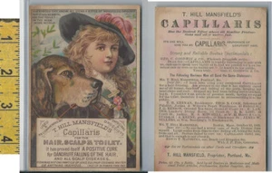 Victorian Card, 1890's, Mansfield Hair Dandruff, Portland ME, Girl & Dog - Bild 1 von 1