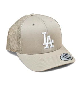 3D LA WHITE Embroidered on TAN & TAN Snapback Yupoong Trucker Style Hat NEW - Picture 1 of 13