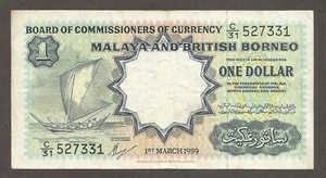 Malaya & British Borneo 1 Dollar 1.3.1959; F+; P-8A; BNB-B108b; Sailboat; "TdlR" - Picture 1 of 2