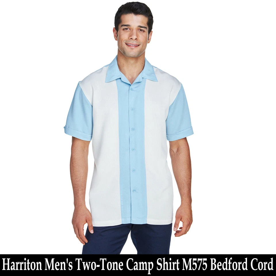 Harriton Men's Rayon Polyester Bedford Cord Two-Tone Camp Shirt M575 S-4XL - Image 1 of 1