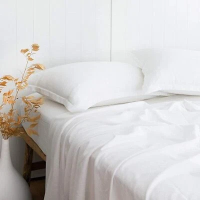 PANDATEX White Linen-Textured Bed Sheets Set, Bamboo Rayon, Cotton, Linen Ble... - Image 1 of 4