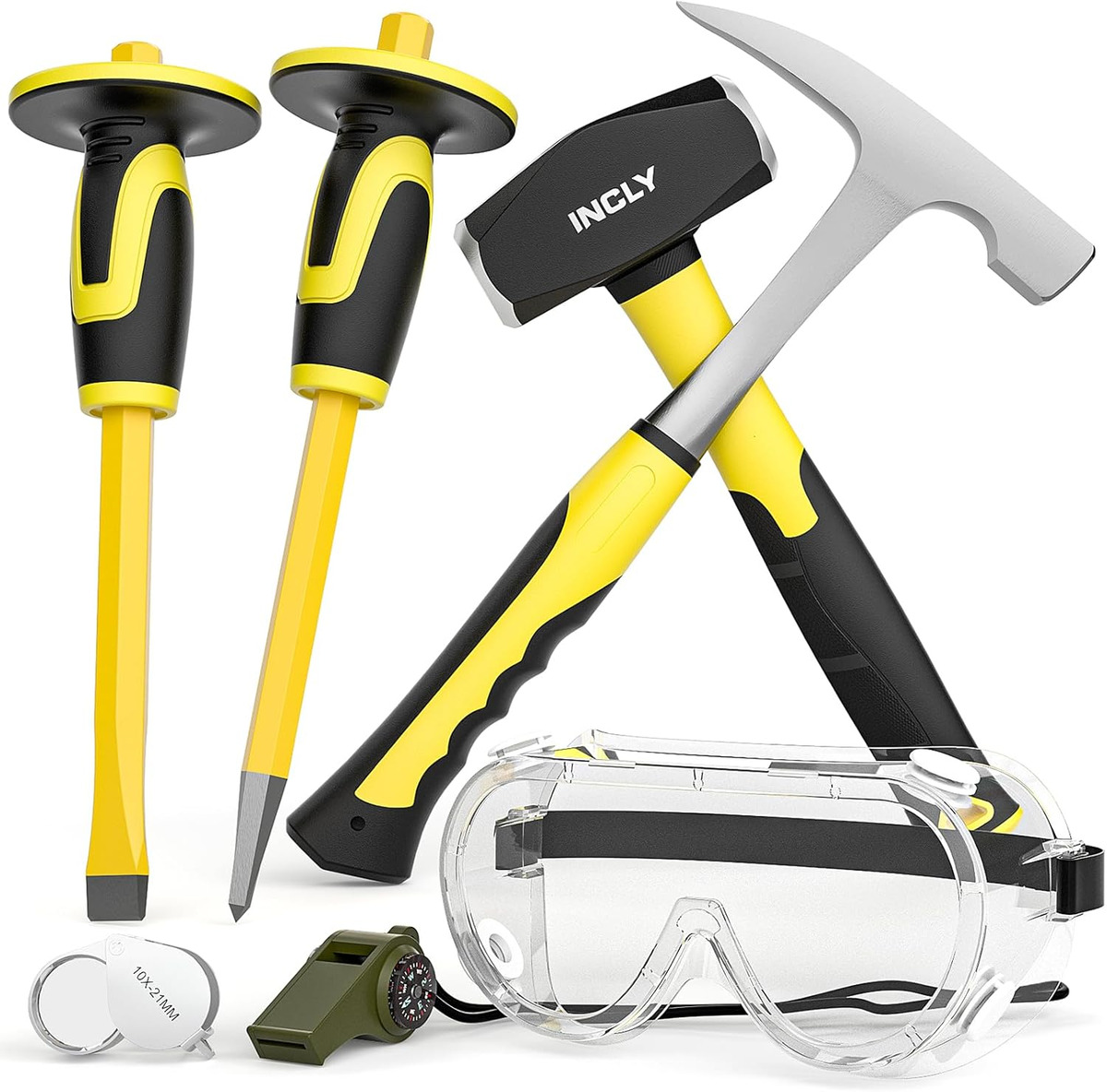 10 PCS Geology Rock Pick Hammer Kit, 21Oz Hammer & 3 PCS Digging Chisels Set For