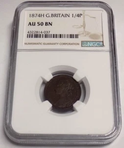GREAT BRITAIN 1874H FARTHING 1/4P NGC AU50 BN AU 50 England Certified UK Coin - Picture 1 of 7