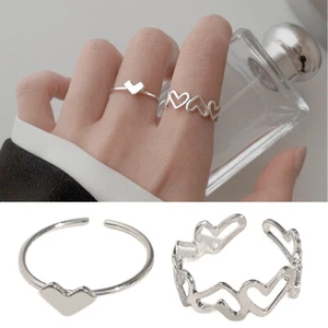2Pcs/Set Love Heart Alloy Ring Adjustable Silver Color Rings Shiny Jewelry - Picture 1 of 13