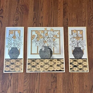 Vintage 80s Post Modern Etched Gold Flowers & Lace Triptych Mirror Art Set of 3 - Picture 1 of 11