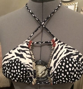 Victoria Secret Bikini Top Triangle XS Zebra Embellished Gold Beads Tassels - Picture 1 of 6