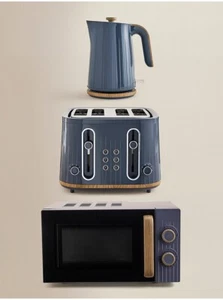 Navy Wood Kettle and 4 Slice Toaster set Scandi And 17L Microwave Set -Brand New - Picture 1 of 5
