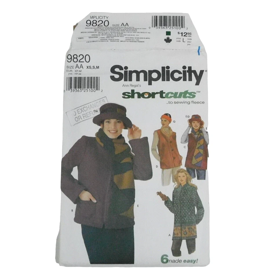 Simplicity 9820 Misses Jacket Vests Scarf Headband Sewing Pattern Sz XS-M Uncut - Image 1 of 4