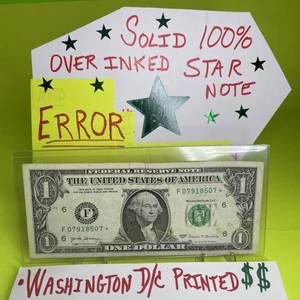 ERROR - SOLID OVER-INKED STAR ⭐️ Note $1 Nice Condition 💵Series 2017 D/C Print - Picture 1 of 16