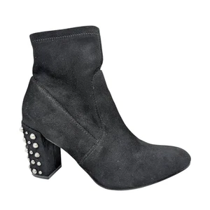 Steve Madden Yvette 7.5M Pearl Stud Block Heel Booties Sock Boots Black Suede - Picture 1 of 12