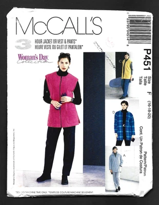 McCalls P451/2396 Misses Fleece Unlined Jacket Vest Pants 16-18-20 Pattern UNCUT - Image 1 of 2