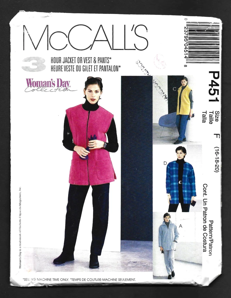 McCalls P451/2396 Misses Fleece Unlined Jacket Vest Pants 16-18-20 Pattern UNCUT - Image 1 of 2