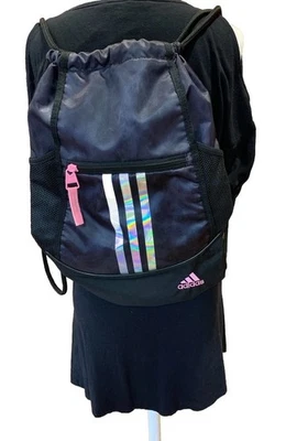 Adidas Three Stripe Backpack Drawstring Tote Pink/Black Logo Outdoors - Image 1 of 4