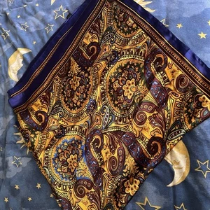Extra Large Blue Gold Paisley Scarf Shawl Faux Silk 34x70” Colorful Wrap New - Picture 1 of 6