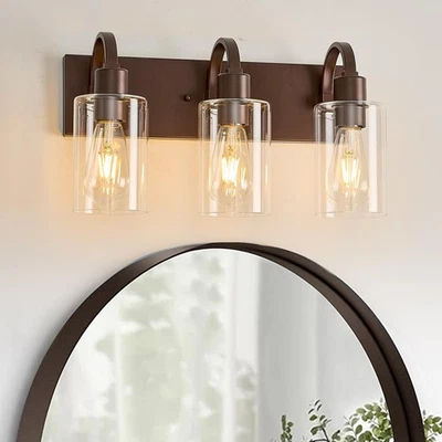 农舍浴室梳妆灯镜,油擦青铜,3 个浅浴... — 第 1/4 张图片