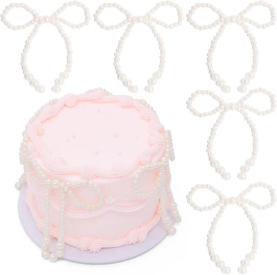 White Pearl Bow Cake Toppers 5Pcs Large Birthday Party Cupcake Toppers Bow Decor - Image 1 of 4