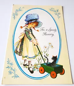 Tarjeta de felicitación vintage niña antigua tirando gatito en vagón - Imagen 1 de 3
