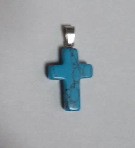 Colgante Crucifijo Cruz Azul Mármol con Collar de Cordón de Vinilo Negro - Nuevo - Imagen 1 de 2