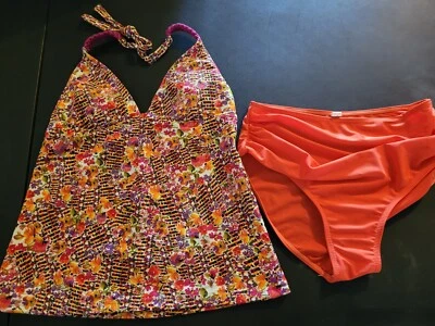 TRAJE DE BAÑO Tankini de dos piezas para mujer con estampado naranja inferior y liso talla S y M Foto 1 de 4
