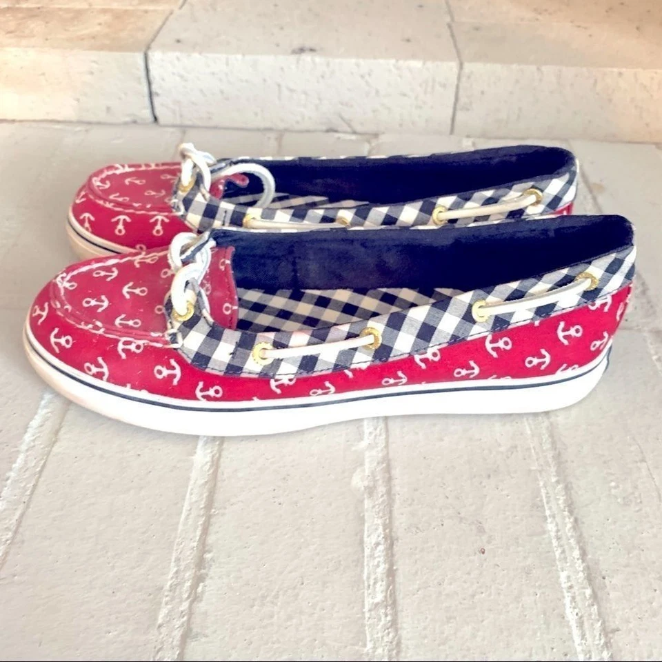 Sperry Red White Blue Check W/Anchor Print SZ 6.5 - Image 1 of 4