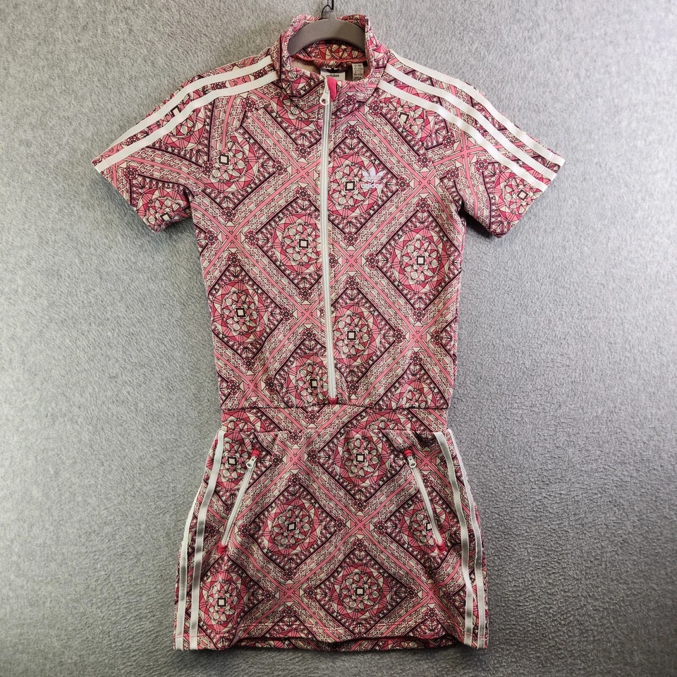 Adidas Dress Girls M Pink Stained Glass Trefoil Zip Up Pockets Short Retro - Image 1 of 4