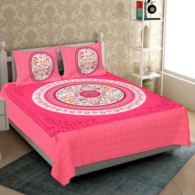 Indian Premium Flower Print 100% Cotton Queen Size Bedsheet With 2 Pillow Covers - Image 1 of 4