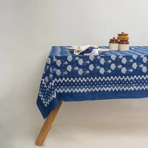Indigo Blue Floral 100% Cotton Block Print Table Cloth Dining Table Cover Napkin - Picture 1 of 5