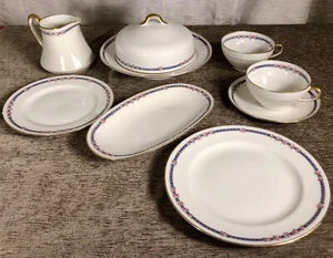 Antique C Ahrenfeldt 8 Piece Set Limoges Pink Rose Blue Border Pattern AHR6 - Picture 1 of 21