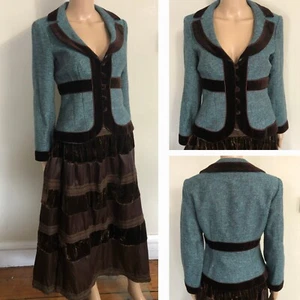 NANETTE LEPORE 1920s Style Cropped Blazer Sz 4 Wool Blend Velvet Trim Made USA - Picture 1 of 24