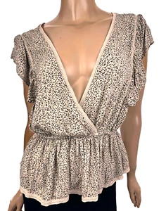 Abercrombie & Fitch Blouse Size L Brown/Black/Gray Ruffled Short Sleeves Cotton - Picture 1 of 5