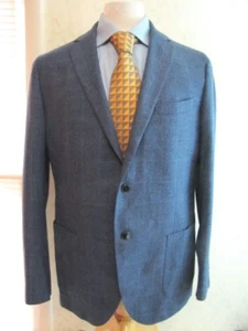 FRANKLIN Italy Blazer jacket Size 44 Long blue Windowpane Plaid Pattern Unlined - Picture 1 of 12