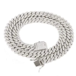 White Gold Plated Iced CZ Out Stainless Steel Miami Cuban Link Bracelet Or Chain - Picture 1 of 12