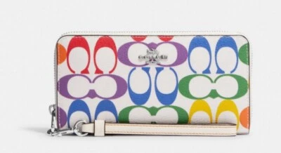 Carteira feminina Coach com zíper longo assinatura arco-íris couro orgulho nova com etiqueta - Imagem 1 de 2