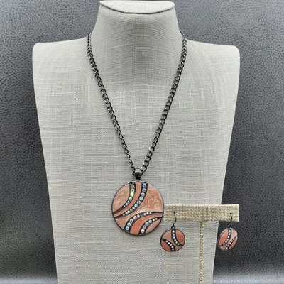 Розовый смолы со стразами ювелирный набор ожерелье серьги современный KC маркированный женщин - Изображение 1 из 4