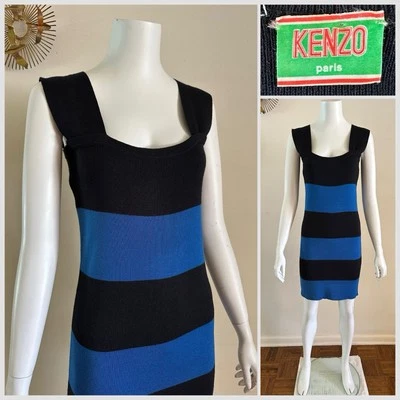 Vestido Kenzo Años 70 Tejido a Rayas Anchas Body Con Diseñador Mediados de los 70 Sin Mangas Talla S De Colección Foto 1 de 4