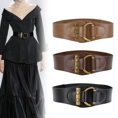 Women Wide Leather Elastic Waist Belt Retro Stretch Corset Cinch Dress Waistband - image 1 of 4