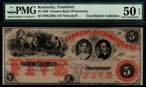 $5 1859 The Farmers Bank of Kentucky, Frankfort PMG AU 50 EPQ moneda obsoleta! - Imagen 1 de 2