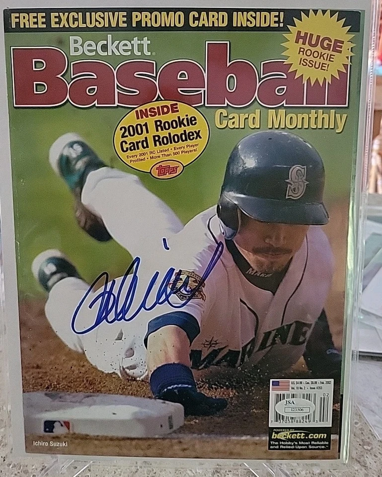 ICHIRO SUZUKI AUTOGRAPHED MAGAZINE FEBRUARY 2002 BECKETT BASEBALL( COVER ) JSA  - Image 1 of 3