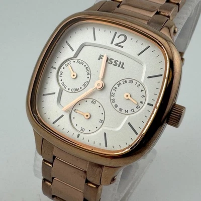 Fossil Quartz Watch ES-2855 Women 50m Rose Gold Tone Day Date New Battery 6.5" - Image 1 of 4