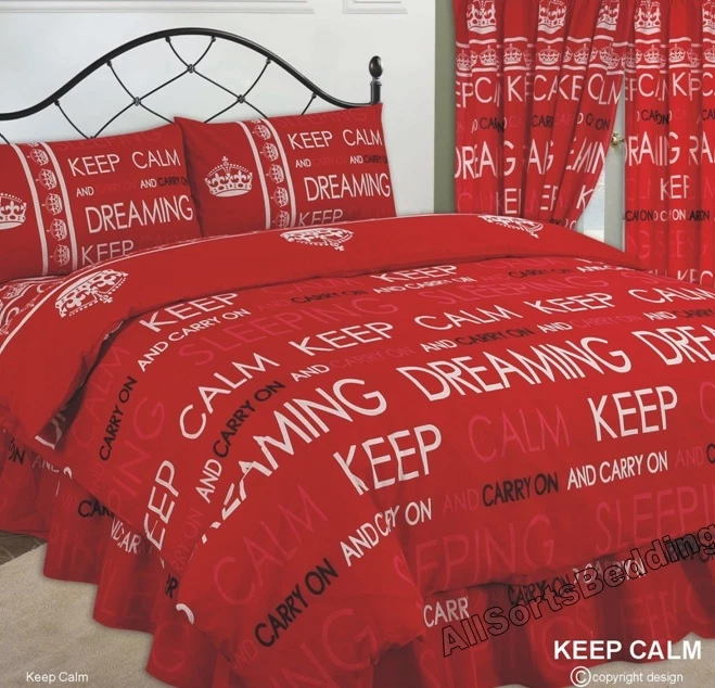 AMBIANCE SINGLE BED DUVET COVER SET KEEP CALM AND CARRY ON DREAMING RED WHITE