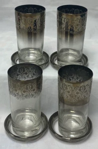Rare vintage Grape Orchard Designs Silver Dipped 4 Glasses and 4 Coasters MCM - Picture 1 of 12