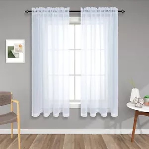 45" Sheer White Curtains 2 Panels Rod Pocket Short Bathroom & Kitchen Drapes - Picture 1 of 9