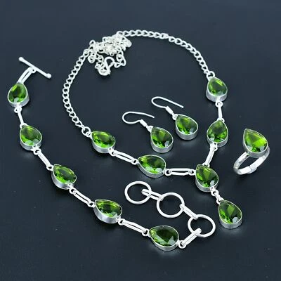 Conjunto de joyas de plata de ley 925 étnica hecha a mano con piedras preciosas de pera de peridoto VJ 191 Foto 1 de 4