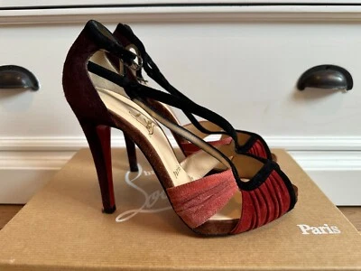 Christian Louboutin 35 Red Bottom Maroon Suede Vintage Buckle Heels Peep Toe - Изображение 1 из 4