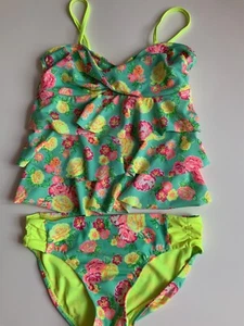 Justice Girls Tankini Swim 2 Piece Green Pink Yellow Roses Size 14 Pretty - Picture 1 of 2