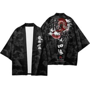 Men Dragon Pattern Kimono Cardigan Yukata Top Blouse Drop Shoulder Casual Loose - Picture 1 of 8
