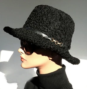 Sombrero de piel persa gorra de piel vintage piel de cordero maceta cubo mujer negro - Imagen 1 de 6