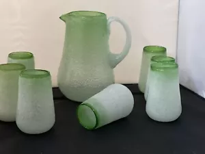 Hand Blown Glass Pitcher and 6 Glasses Set Green Frosted Textured - Picture 1 of 12