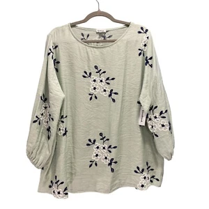 Blusa Kindred Anthropologie Bordada Floral Manga Larga Top Verde 1X Nueva con Etiquetas - Imagen 1 de 5