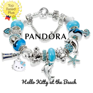 PANDORA BRACELET WITH BLUE AND WHITE BEACH CZ LOVE MY KITTY THEMED CHARMS NEW - Picture 1 of 4